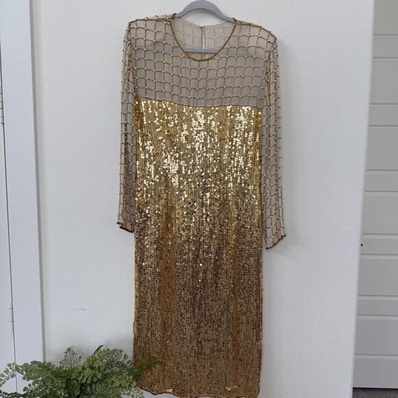 Vintage Gold Sequin Silk Dress Beaded Overlay Elegant Formal Long Sleeve 45” - Picture 1 of 11